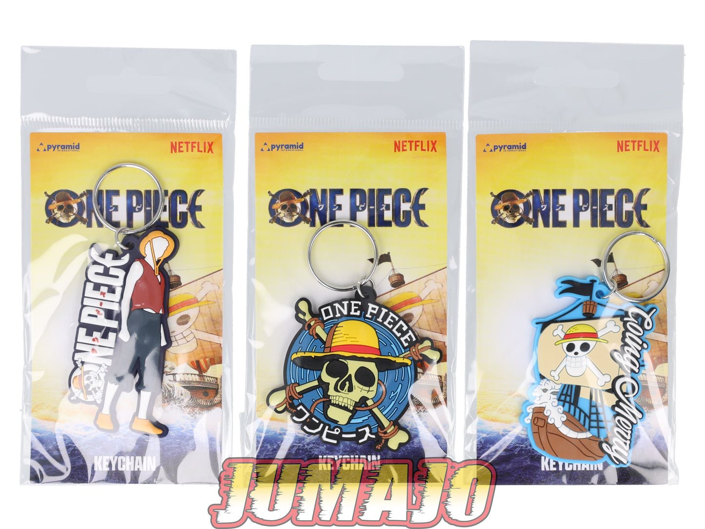 FIG148 Lot de 3 porte-clefs One Piece : Vogue merry, Luffy & tête de mort