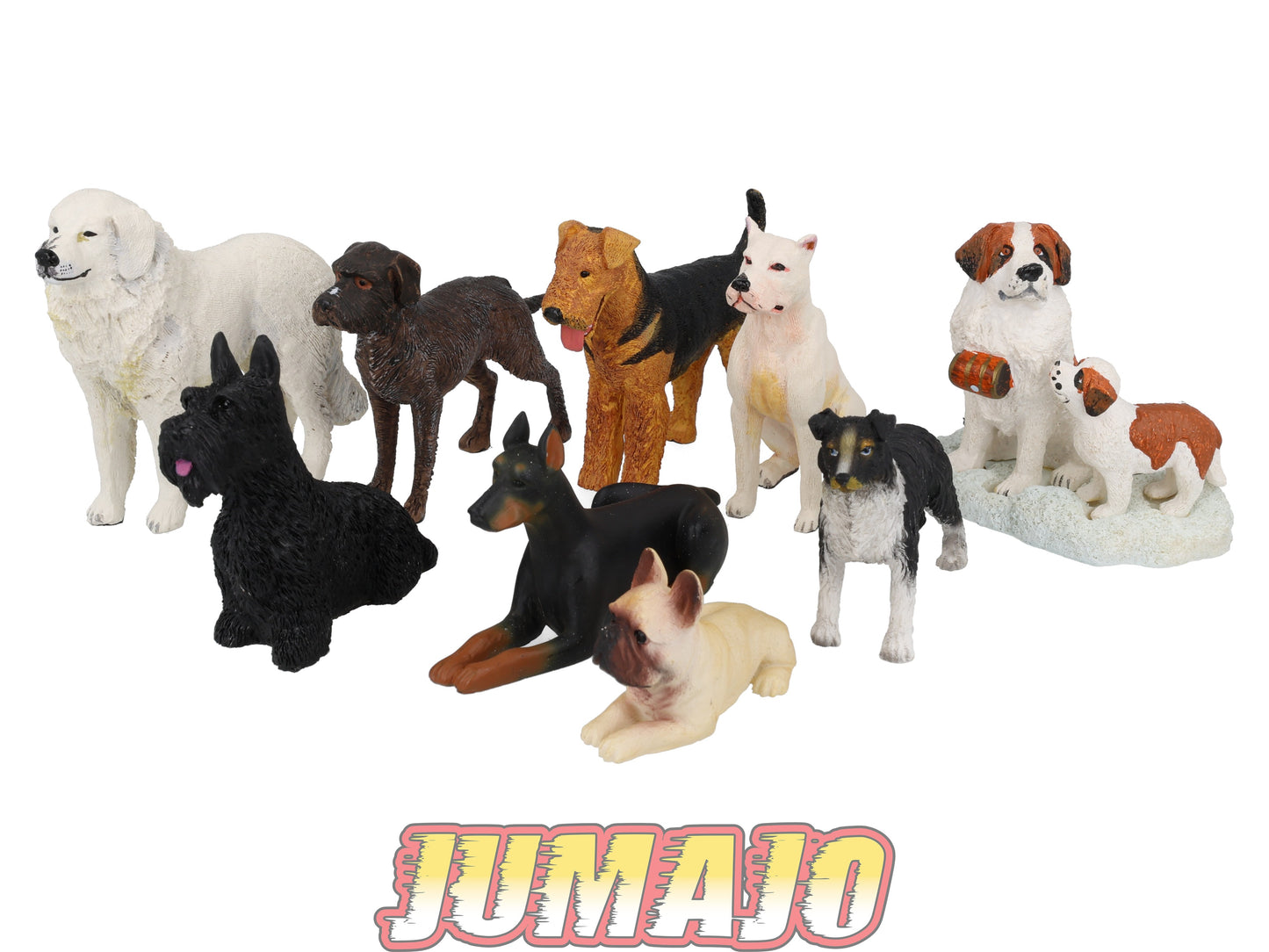 LC14 Lot 9 chiens Résine 6 à 10 cm : Airedale Terrier, Doberman Bouledogue français