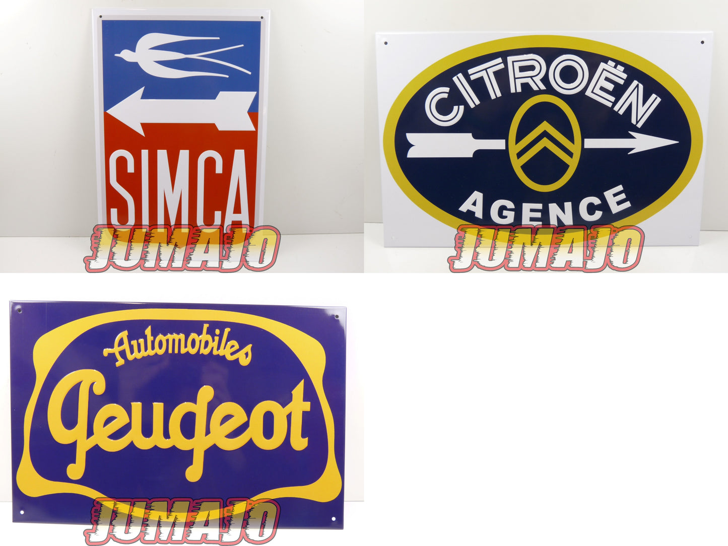 Lot de 3 PLAQUES PUBLICITAIRE tôlée embossée 20x30cm Simca Citroen Peugeot