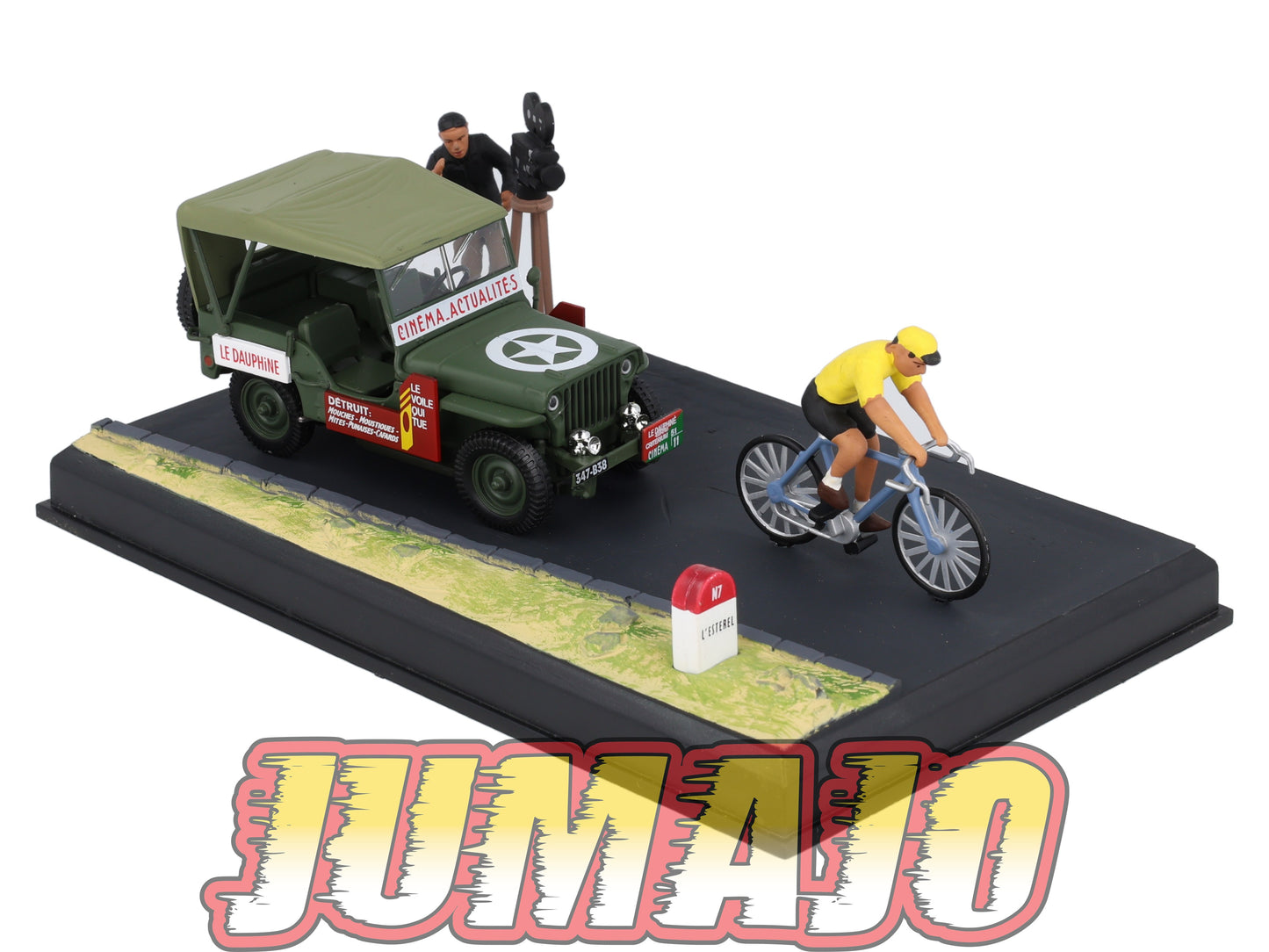 NB12 Voiture IXO 1/43 Diorama Route bleue JEEP Willys la course cycliste