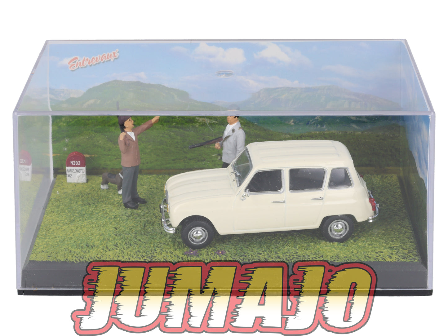NB70 Voiture IXO 1/43 Diorama Route bleue RENAULT 4L Une partie de chasse