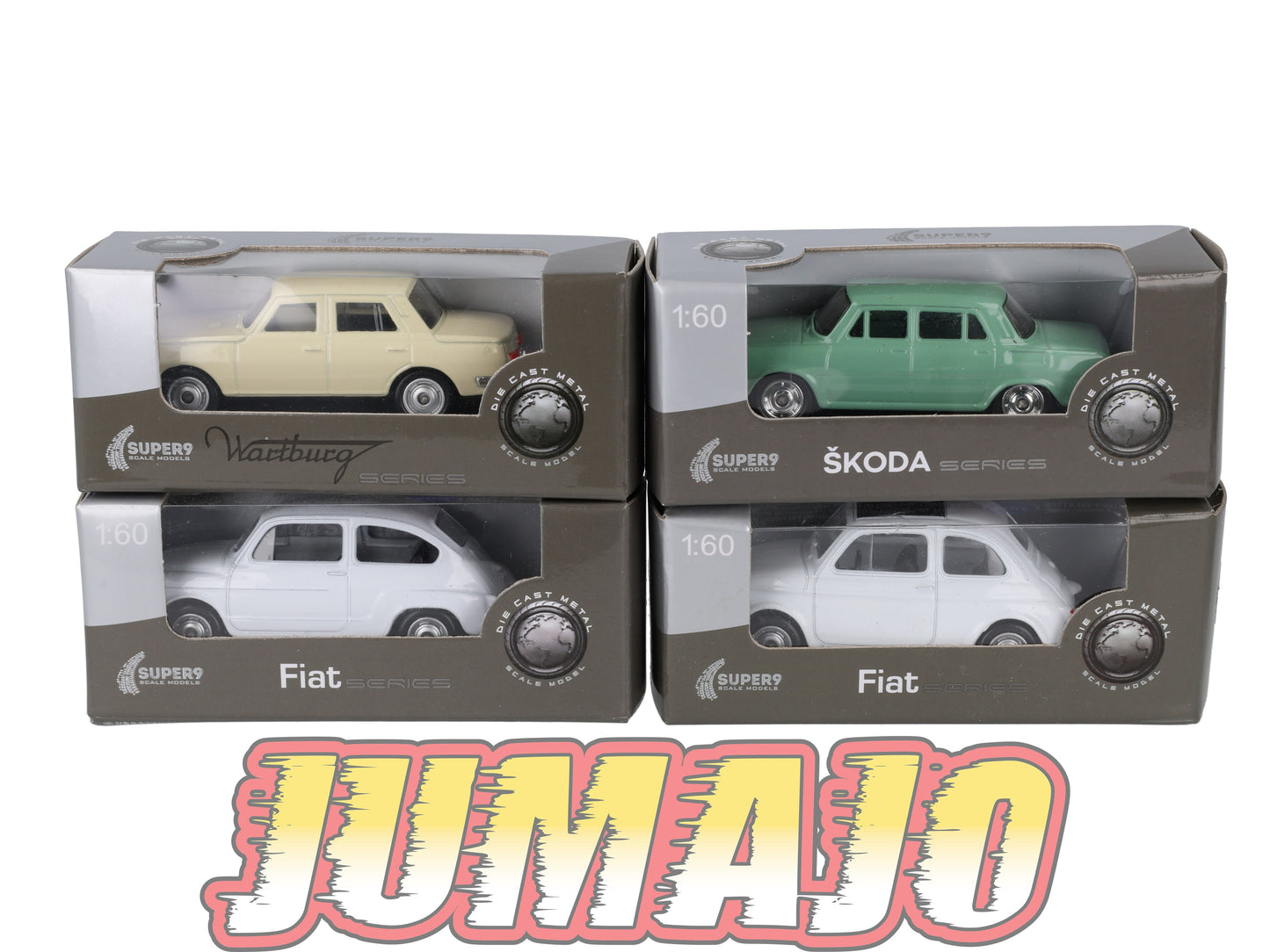 TRI123 Lot 4 X 3 inches Welly : Fiat 500, Skoda 100, Wartburg 353, fiat 600