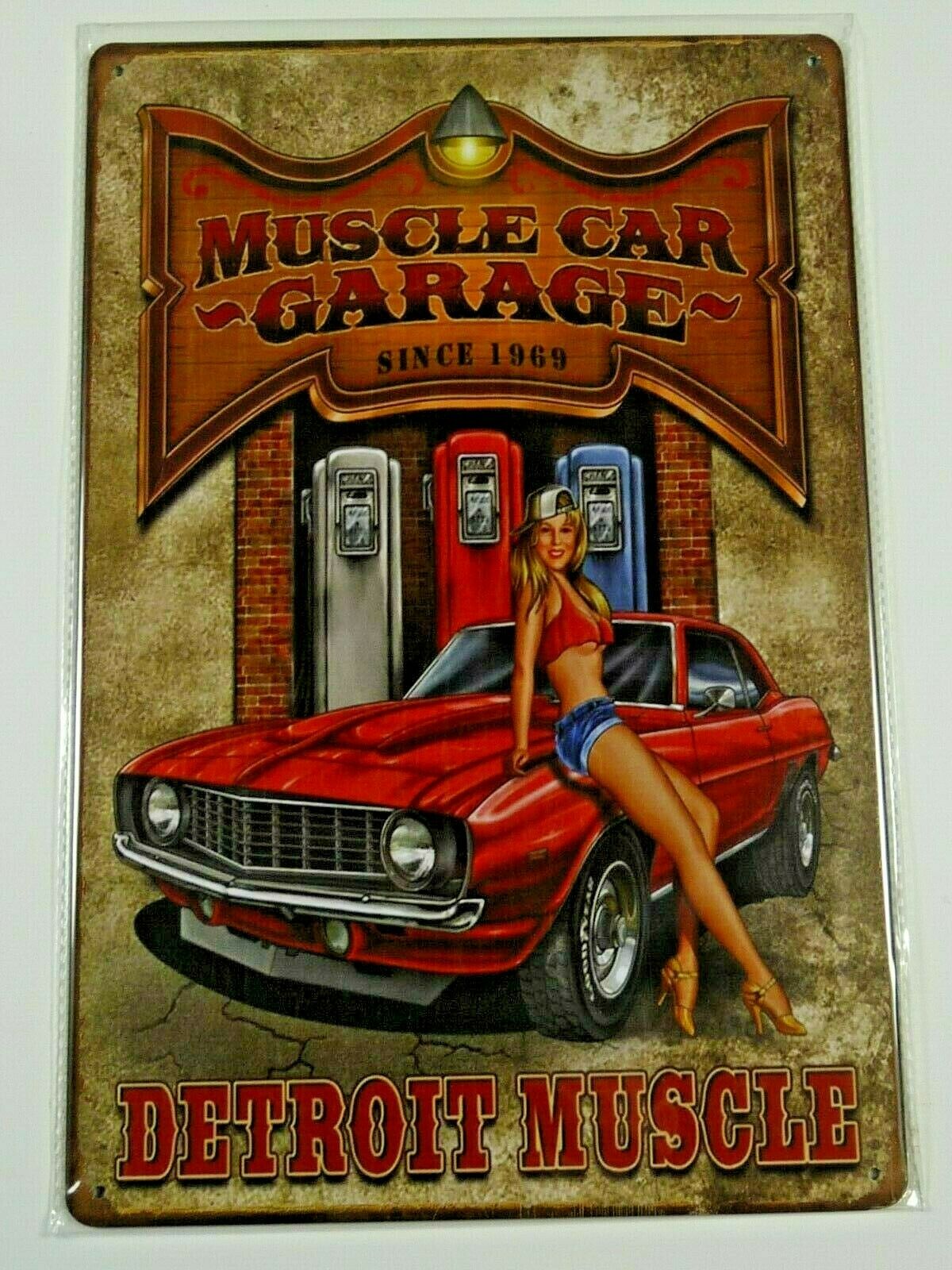 PB78 PLAQUES TOLEE vintage 20 X 30 cm : Pin'up DETROIT MUSCLE GARAGE