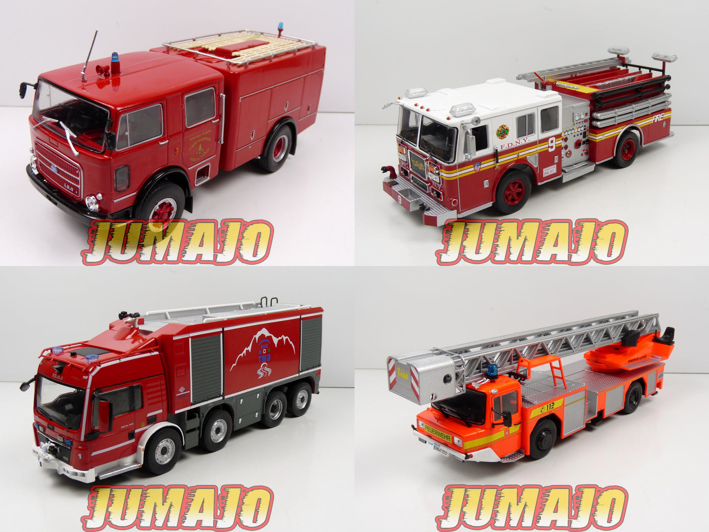 CPI1,2,3,4 LOT 4 camions POMPIER 1/43 Hachettes OM 150, Seagrave, Man, Iveco magirus