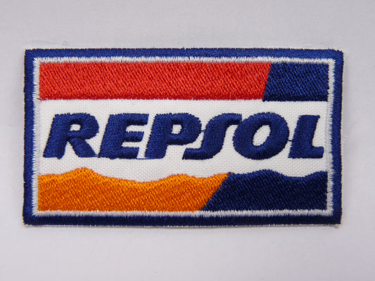 PTC122 Patch brodé thermocollé : logo Repsol largeur environ 7.9 cm hauteur environ 4.3 cm