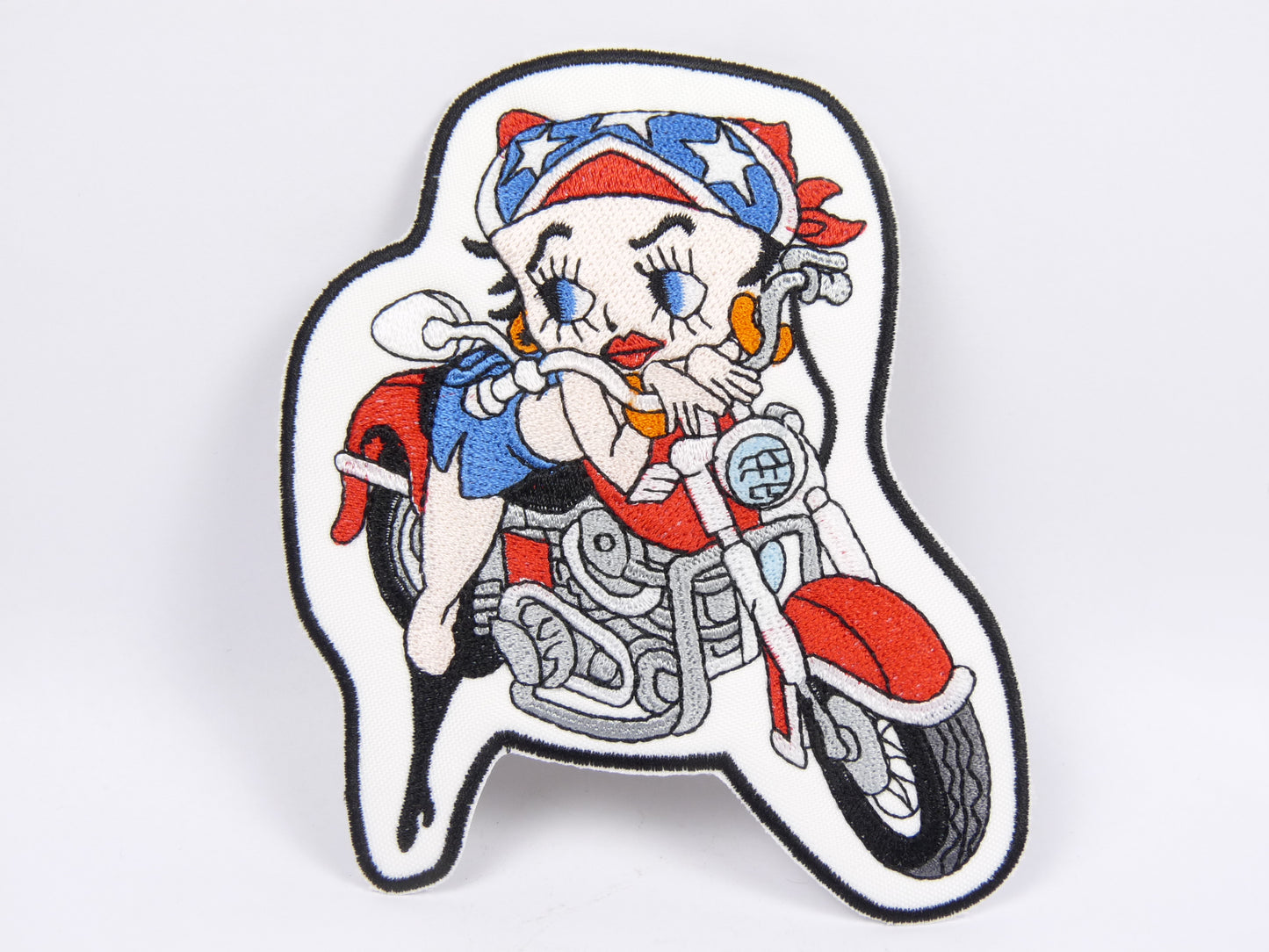 PTC31 Patch brodé thermocollé : logo Betty boop moto bandana largeur environ 11 cm hauteur environ 12 cm