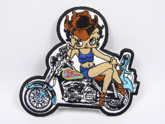 PTC32 Patch brodé thermocollé : logo Betty boop moto bleu largeur environ 10.5 cm hauteur environ 8.6 cm