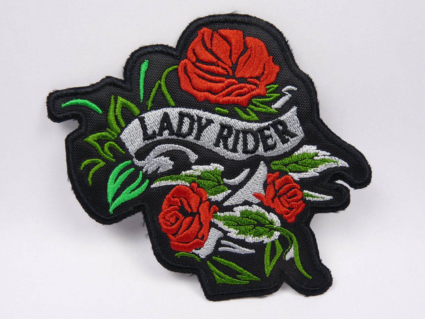 PTC86 Patch brodé thermocollé : logo Lady rider largeur environ 11 cm hauteur environ 9.1 cm