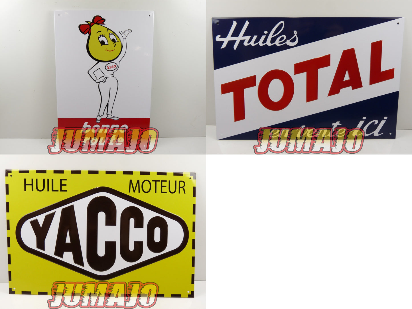 Lot de 3 PLAQUES PUBLICITAIRE tôlée embossée 20x30cm Esso Total Yacco Huile