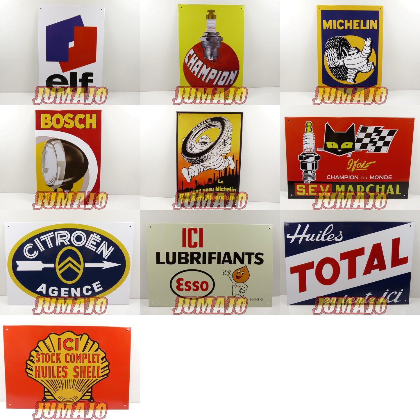Lot de 10 PLAQUES PUBLICITAIRE tôlée embossée 20x30cm Elf Champion Michelin Bosch Marchal Citroen Esso Total Shell