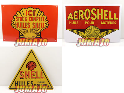 Lot de 3 PLAQUES PUBLICITAIRE tôlée embossée 20x30cm triangle 20cm Shell