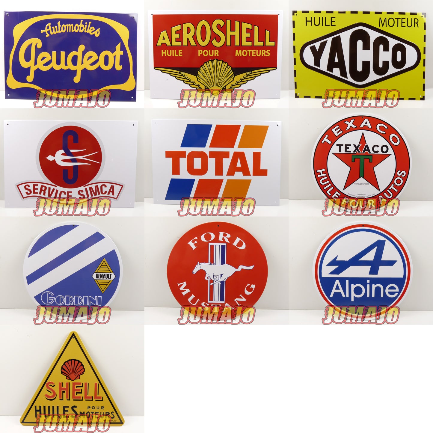 Lot de 10 PLAQUES PUBLICITAIRE tôlée embossée 20x30cm rond et triangle 20cm Peugeot Shell Yacco Simca Total Texaco Gordini Ford Mustang Alpine