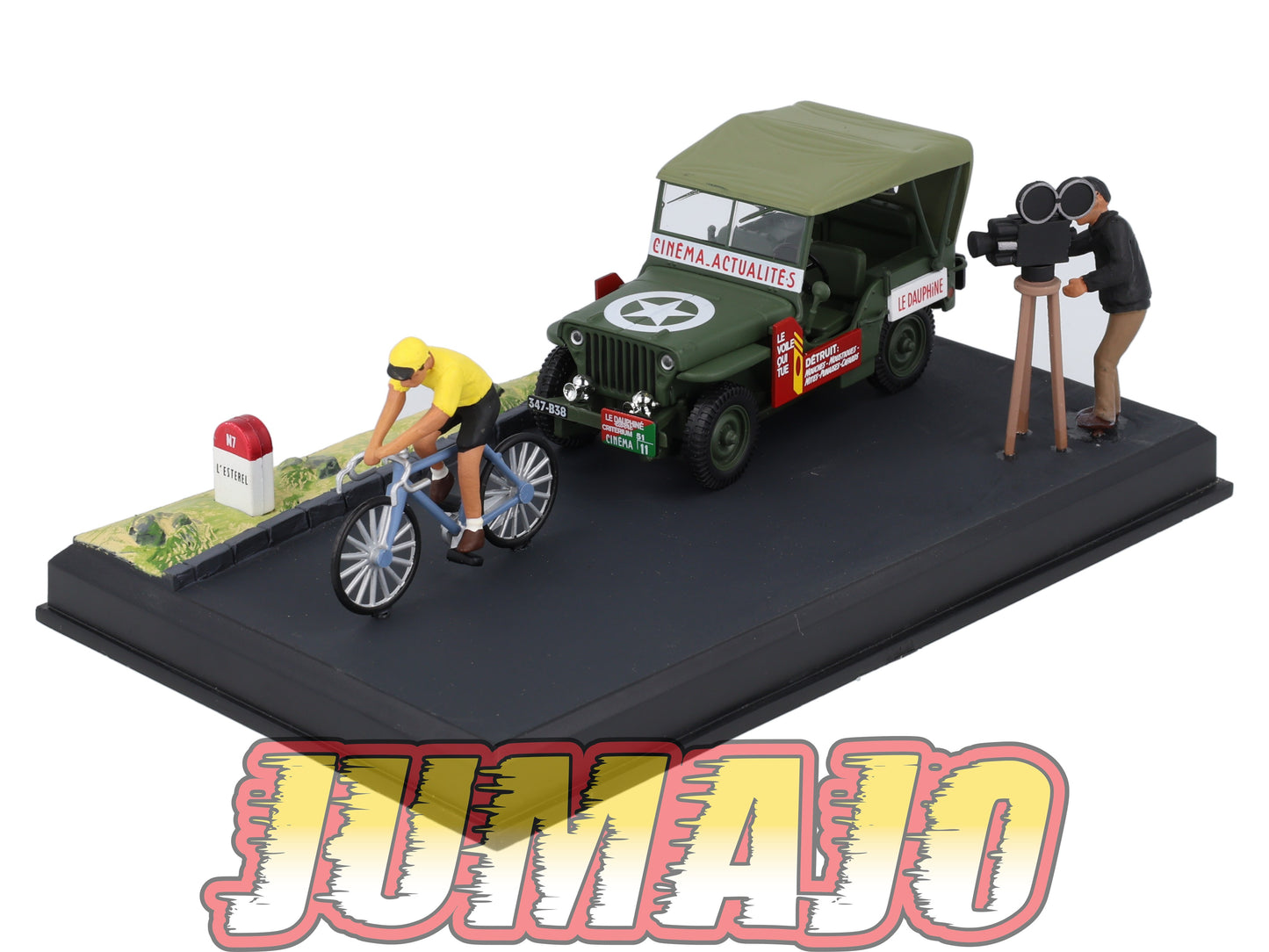 NB12 Voiture IXO 1/43 Diorama Route bleue JEEP Willys "la course cycliste"