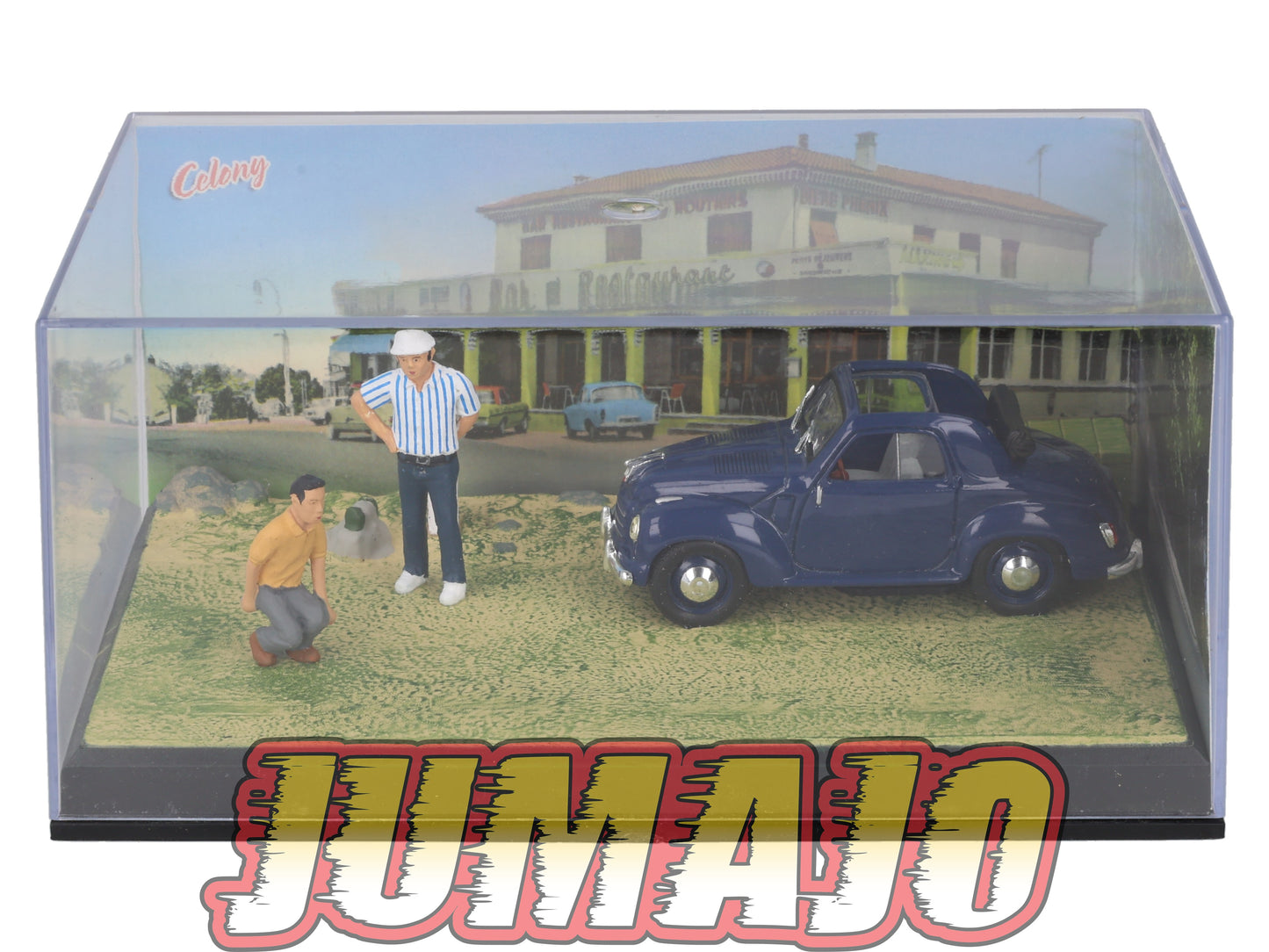 NB58 Voiture IXO 1/43 Diorama Route bleue FIAT 500 Topolino partie de pétanque
