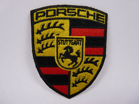 PTC113 Patch brodé thermocollé : logo Porsche écusson largeur environ 6.4 cm hauteur environ 8.1 cm