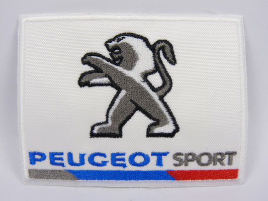 PTC47 Patch brodé thermocollé : logo Peugeot sport blanc largeur environ 9.1 cm hauteur environ 7 cm