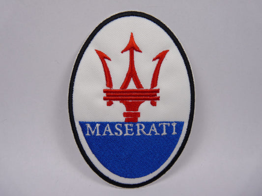 PTC94 Patch brodé thermocollé : logo Maserati largeur environ 7.2 cm hauteur environ 10.2 cm